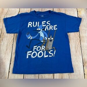 Regular Show Cartoon Network Rules Are For Fools T Shirt Blue Boys Size 18